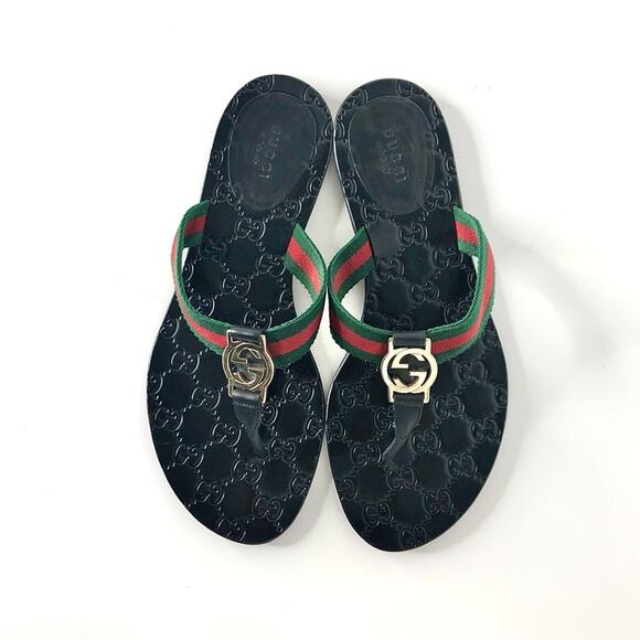 Gucci Interlocking GG Supreme Web Stripe Thong Slip On Sandals 38.5 - Picture 2 of 9
